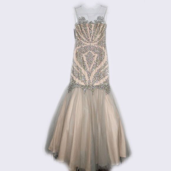 Terani Couture Dress Size 2 Silver Nude Long Trumpet Rhinestones Prom Homecoming - Picture 4 of 14
